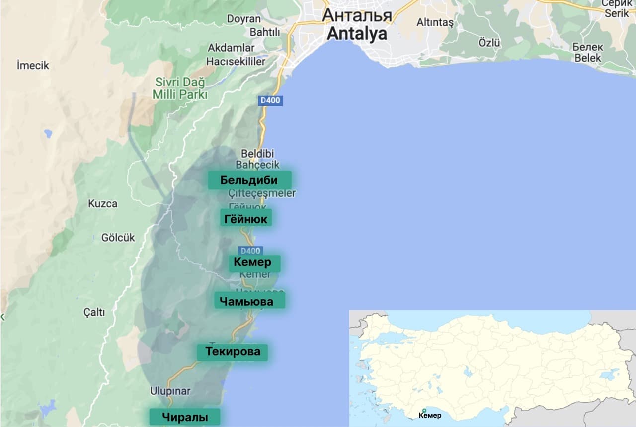 Кемер на карте Турции и его курортные зоны