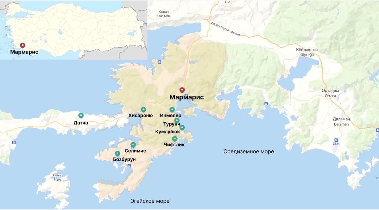 Мармарис и его курортные районы на карте